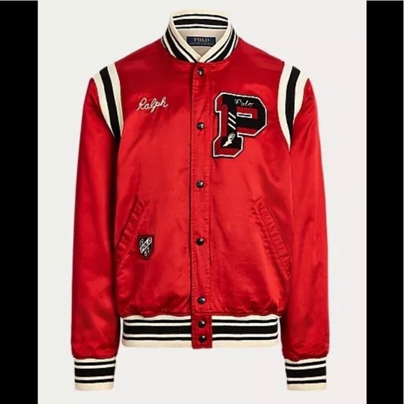 Polo RL Red Satin Varsity Tiger Track Jacket NWT